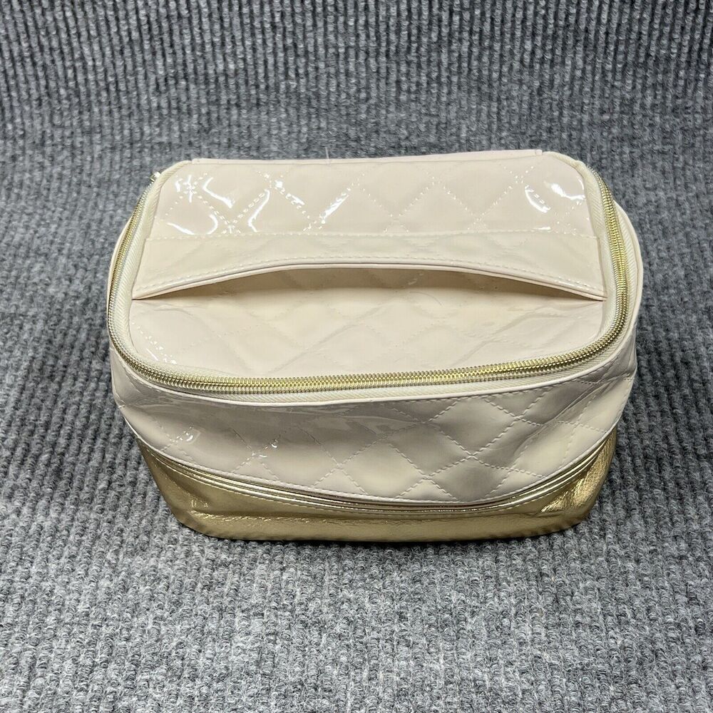Elizabeth Arden New York Cosmetic Makeup Case Bag Beige Gold Handle 10x7x5